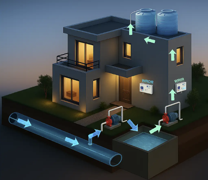 2 Pumps ( Municipal to Underground water tank (Pump 1), Underground to Overhead water tank (Pump 2)