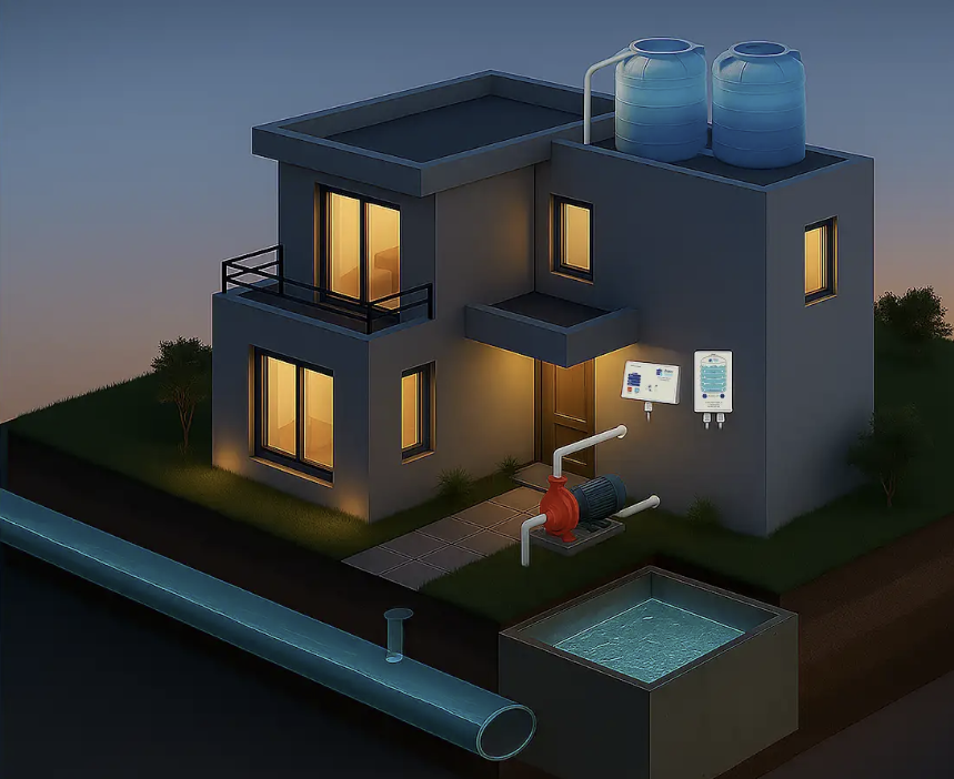 1 Pumps ( Municipal to Underground water tank, Underground to Overhead water tank )